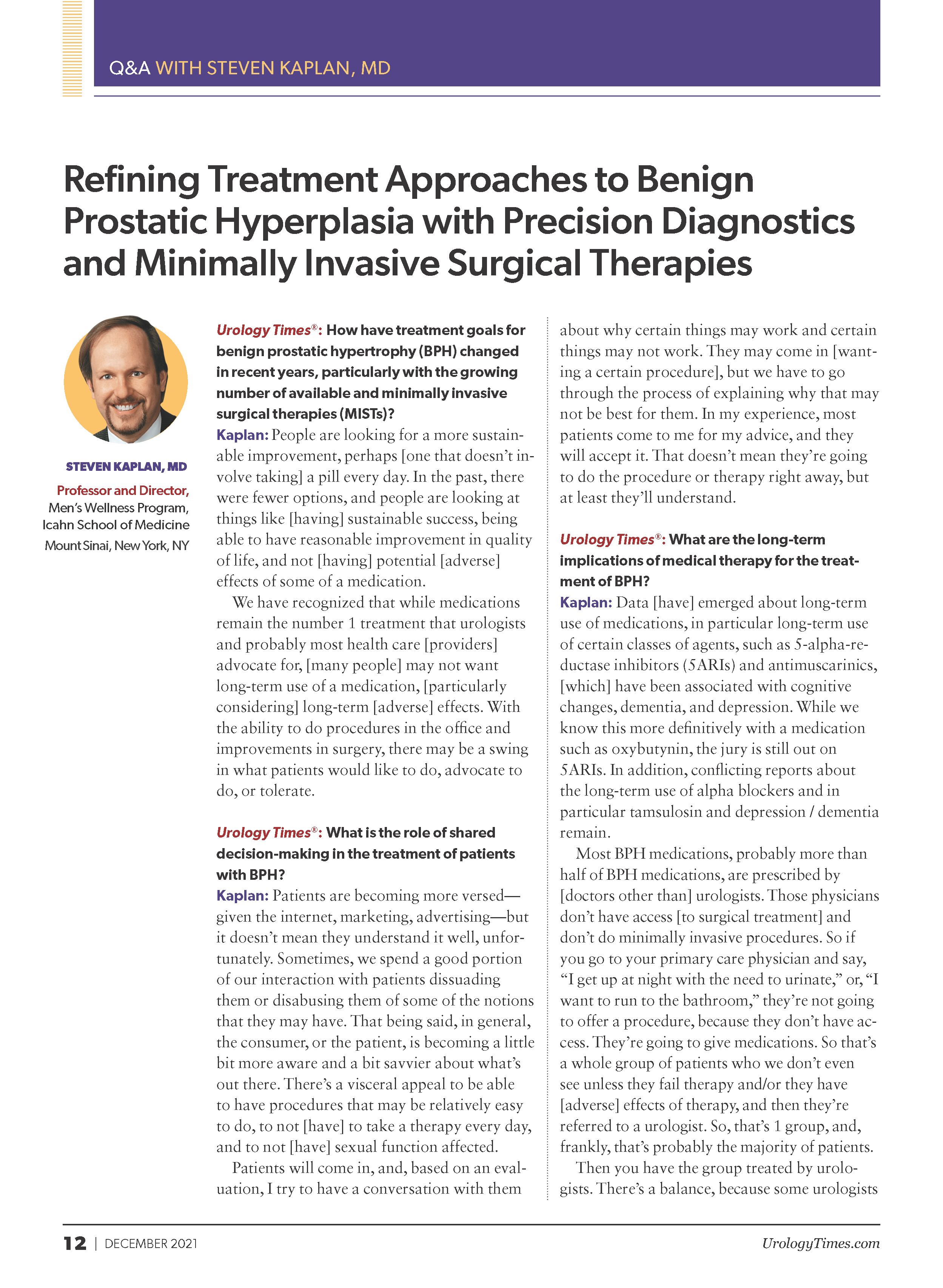 Refining Treatment Approaches to Benign Prostatic Hyperplasia with Precision Diagnostics and Minimally Invasive Surgical Therapies